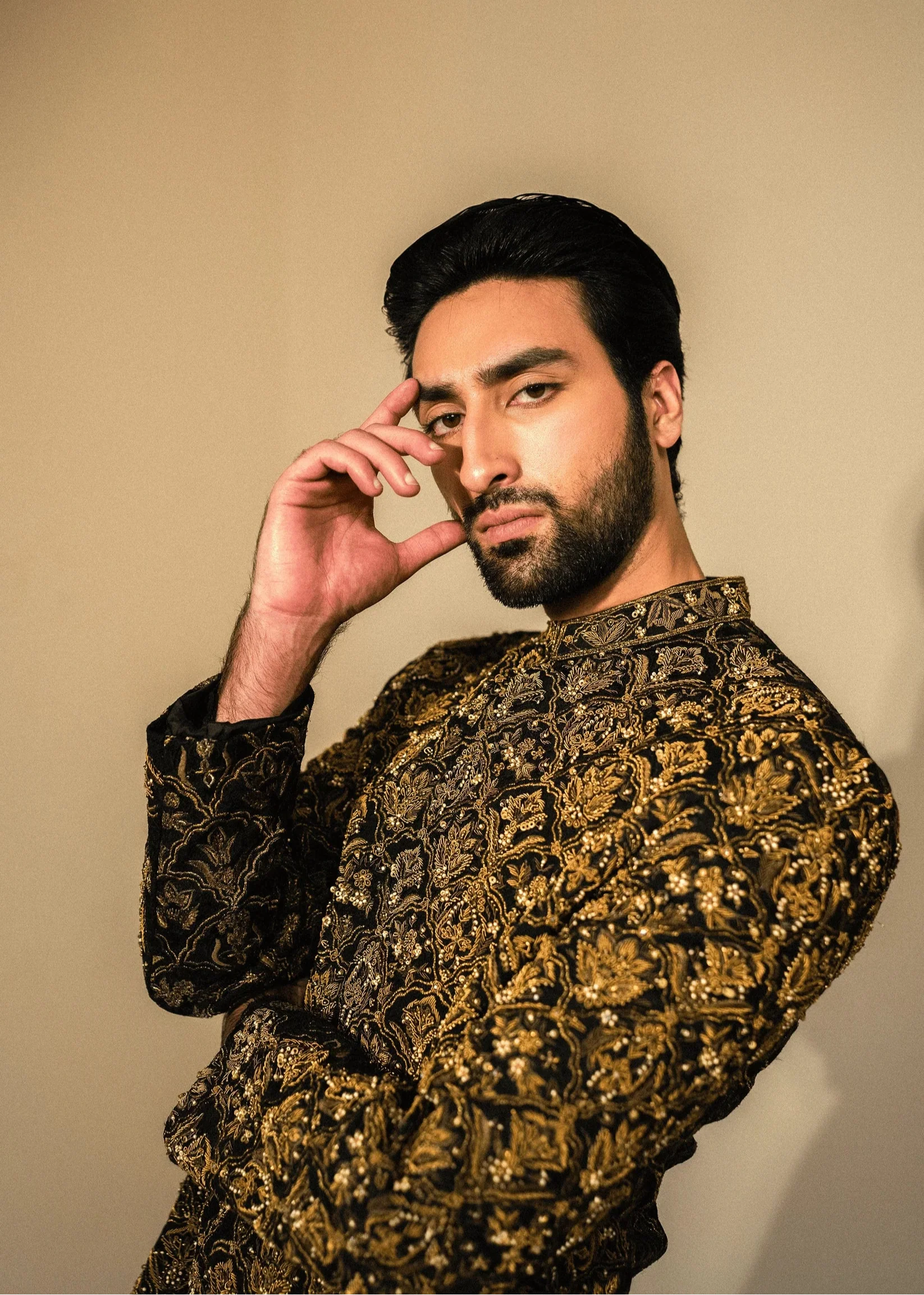 Black Hand Embroidered Mid Length Indo Western Sherwani