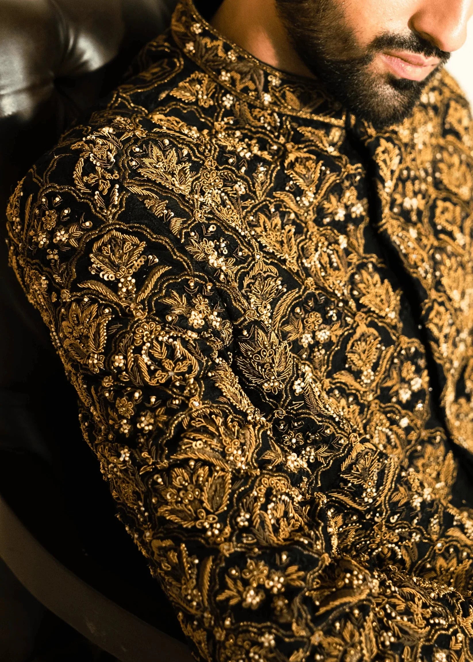 Black Hand Embroidered Mid Length Indo Western Sherwani