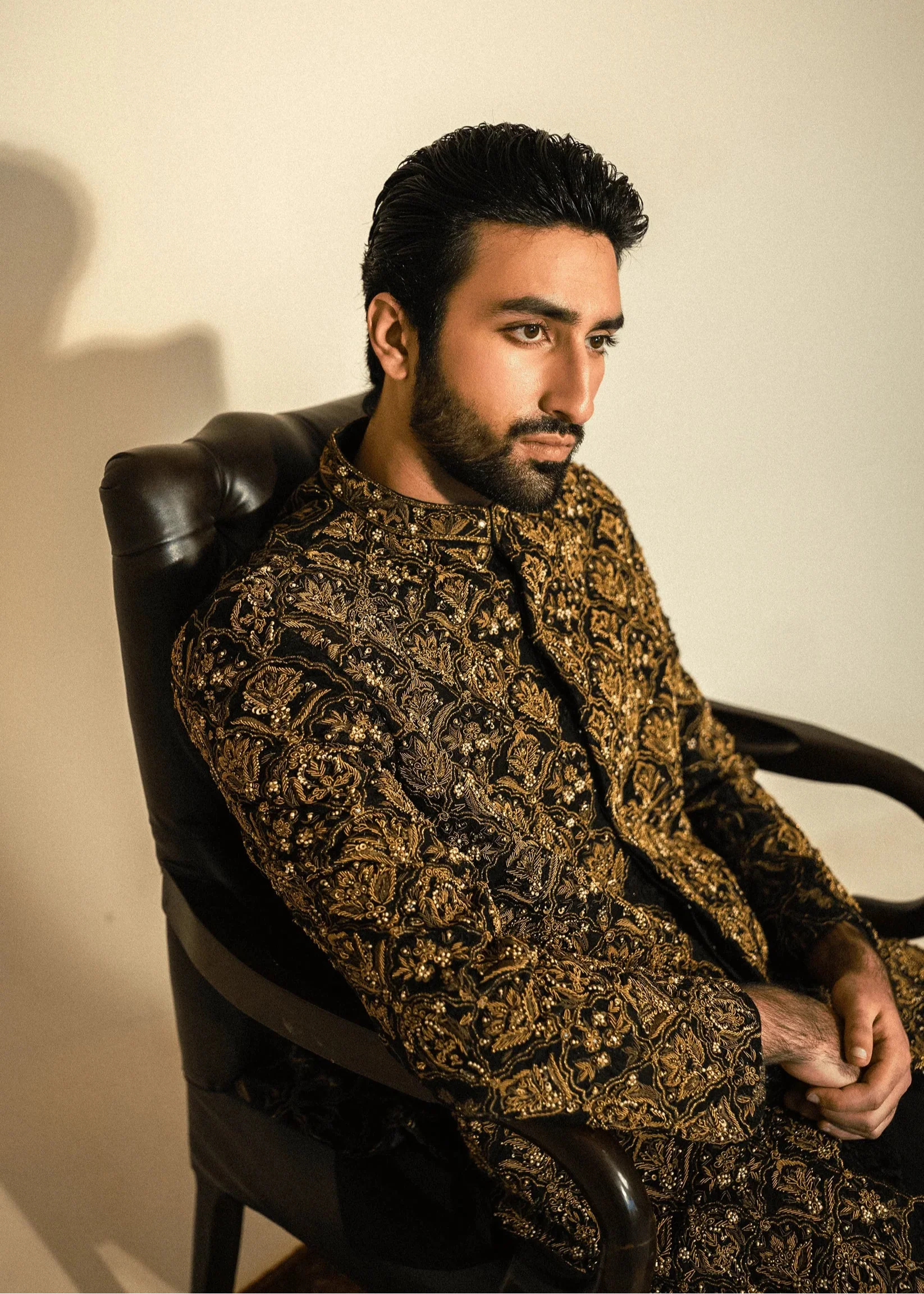 Black Hand Embroidered Mid Length Indo Western Sherwani