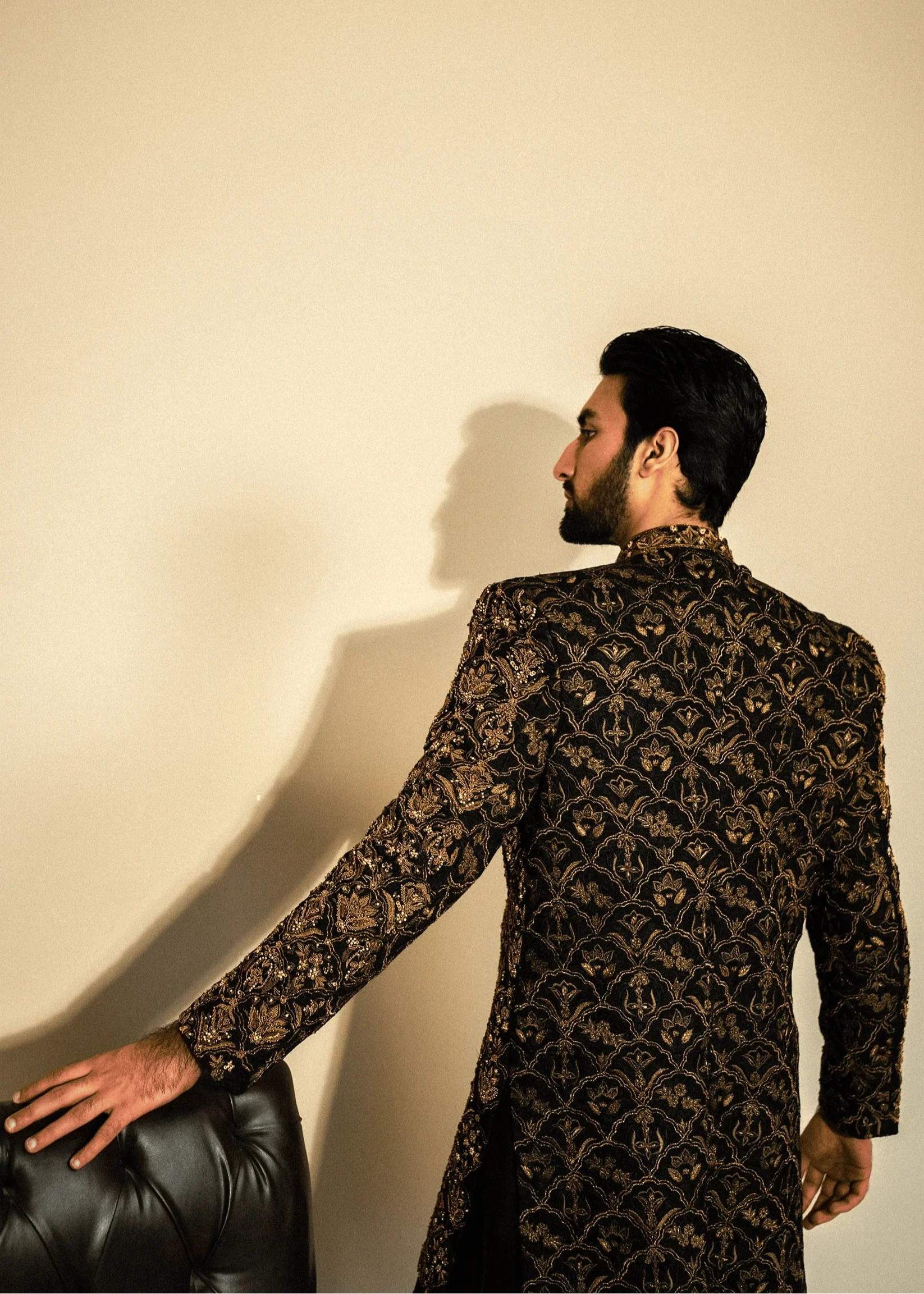 Black Hand Embroidered Mid Length Indo Western Sherwani