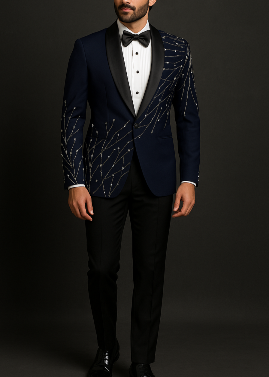 Dark Blue Embroidered Tuxedo for Wedding
