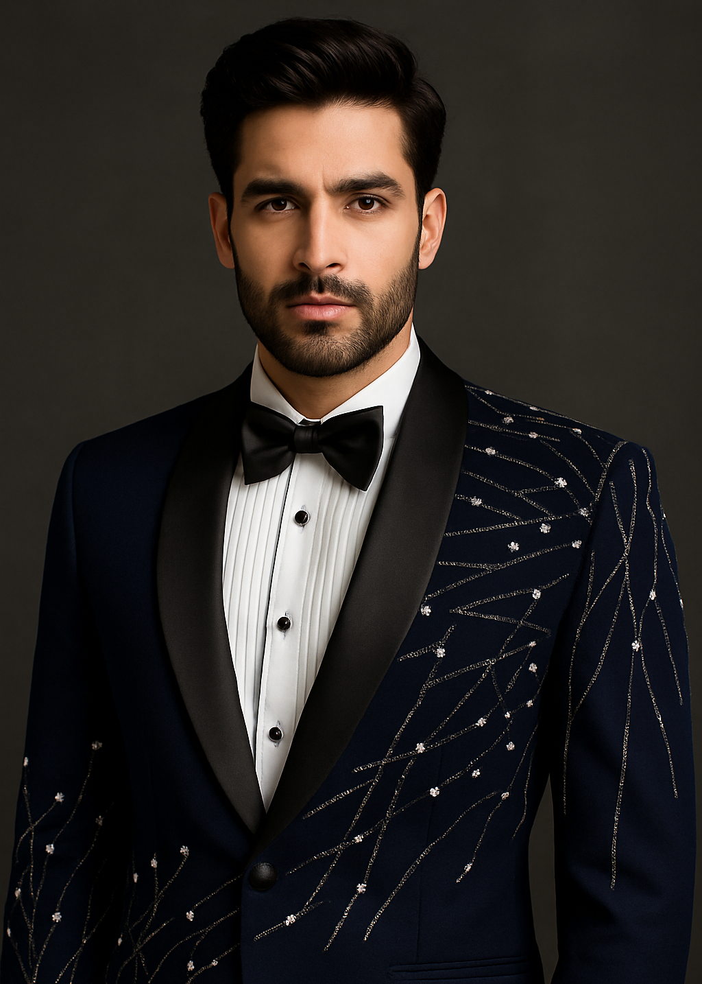 Dark Blue Embroidered Tuxedo for Wedding