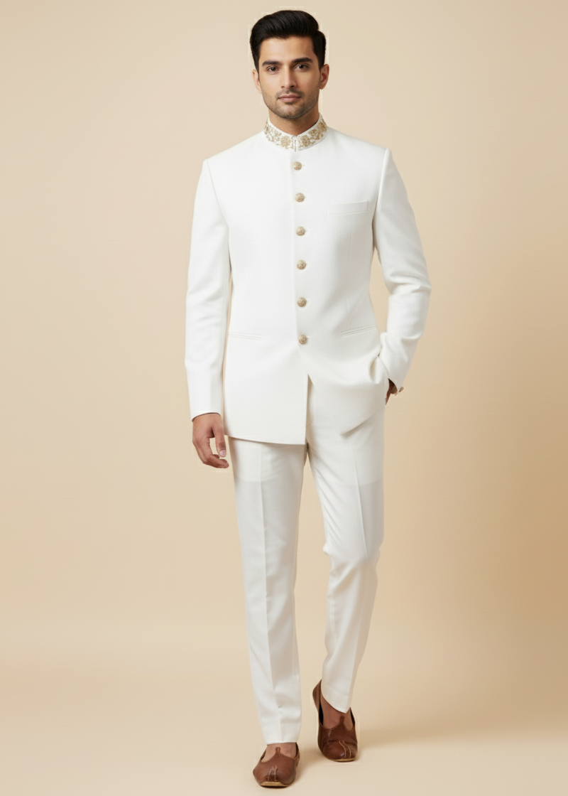 White Jodhpuri Suit with Cutdana Embroidery