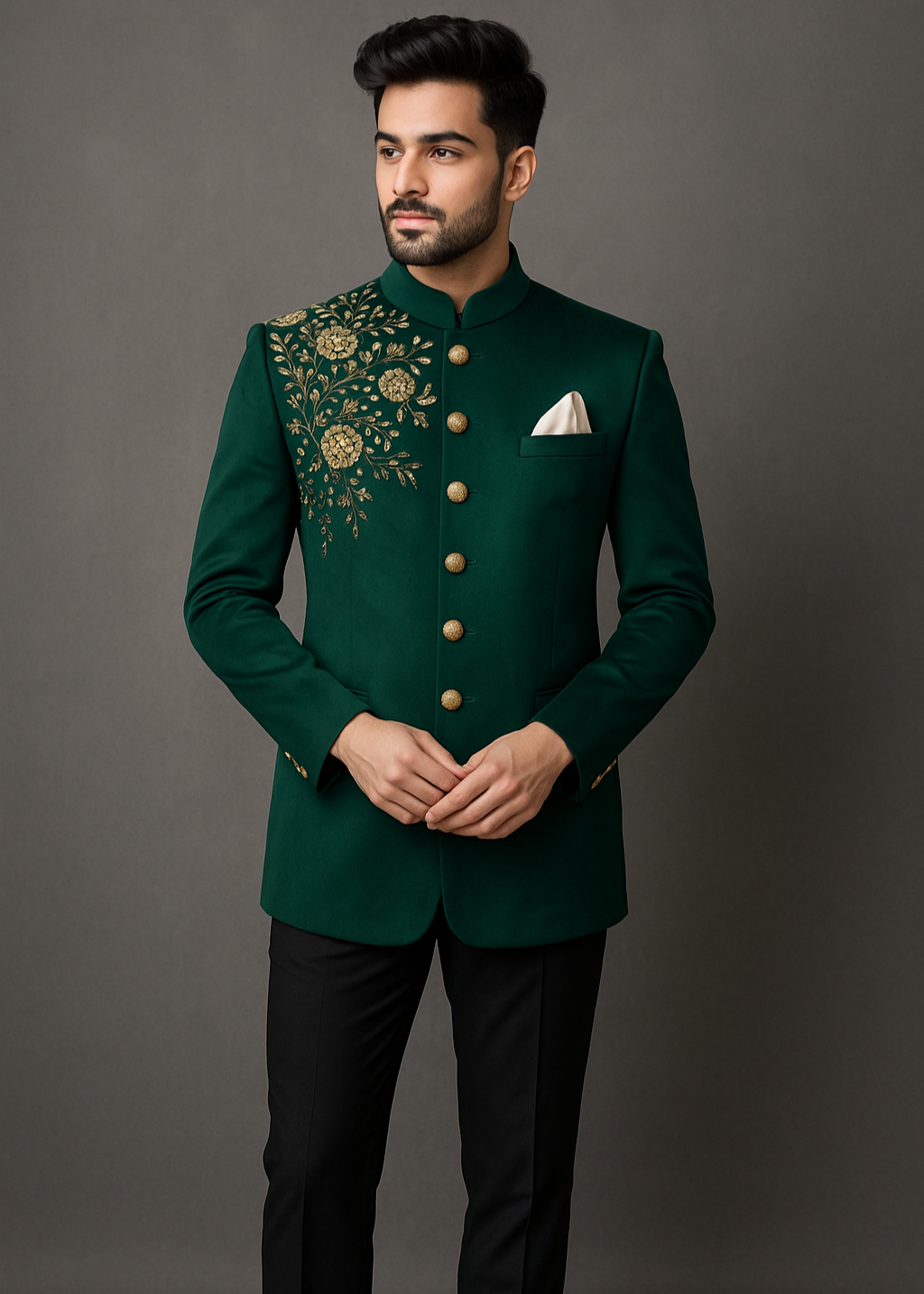 Green Bandhgala Suit with Embroidery