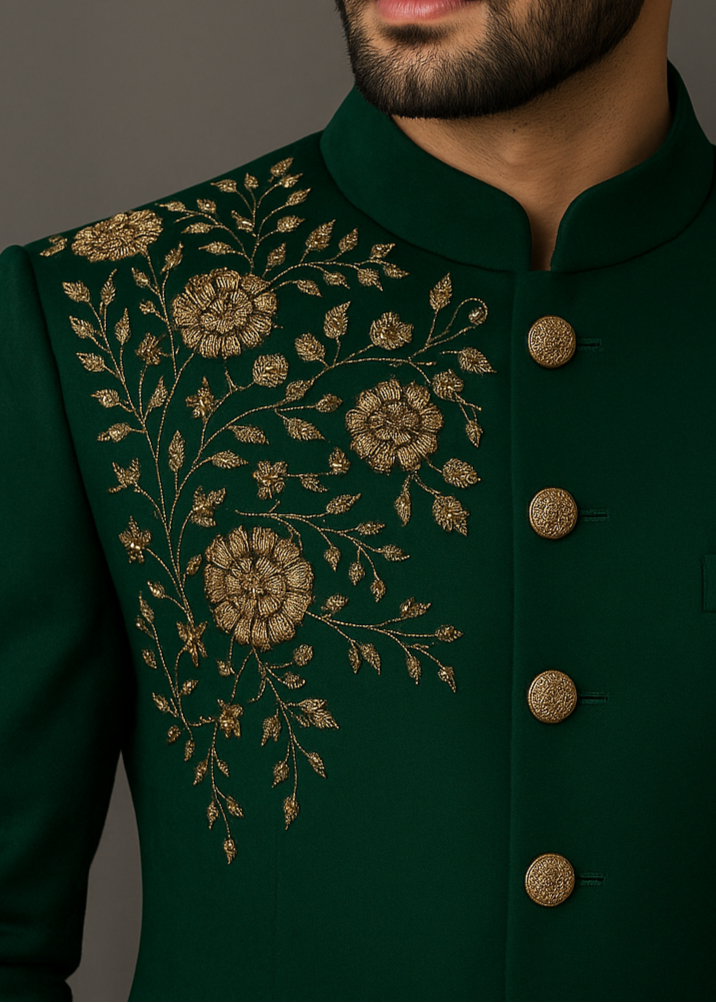 Green Bandhgala Suit with Embroidery