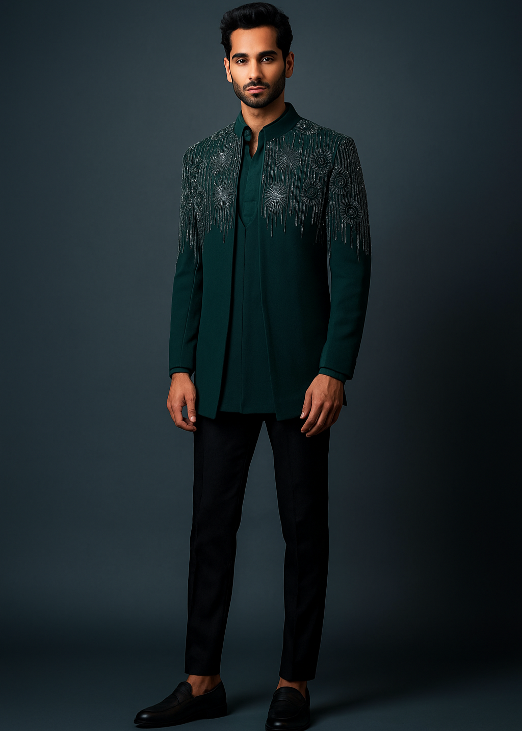 Green Hand Embroidered Indo Western Suit