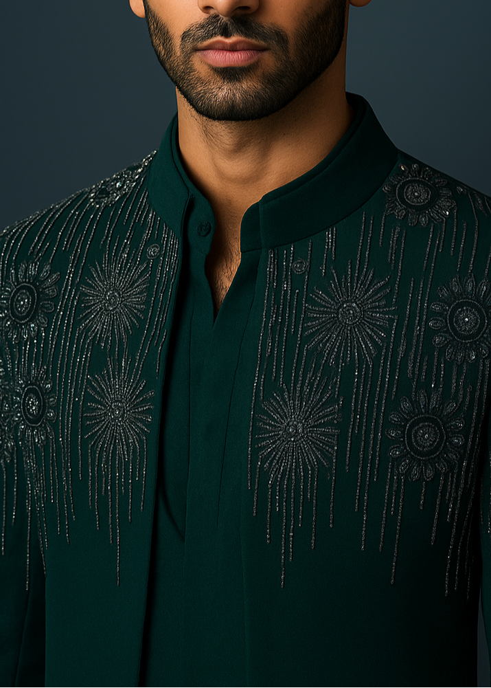Green Hand Embroidered Indo Western Suit