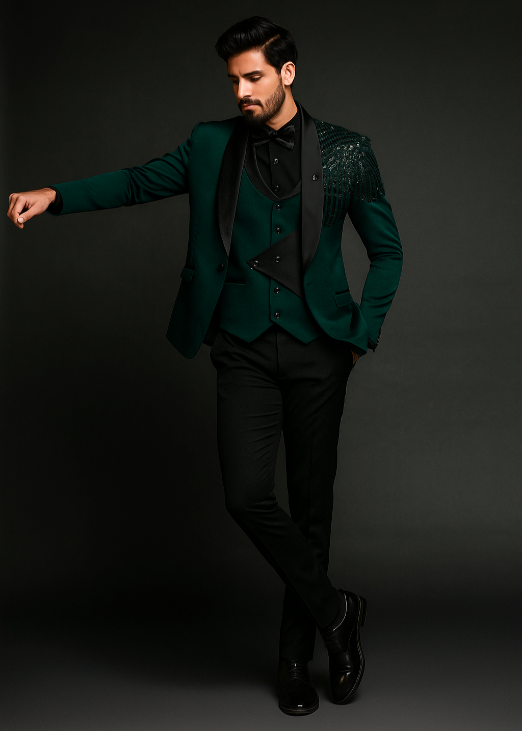 Green Tuxedo Suit with Embroidery for Wedding