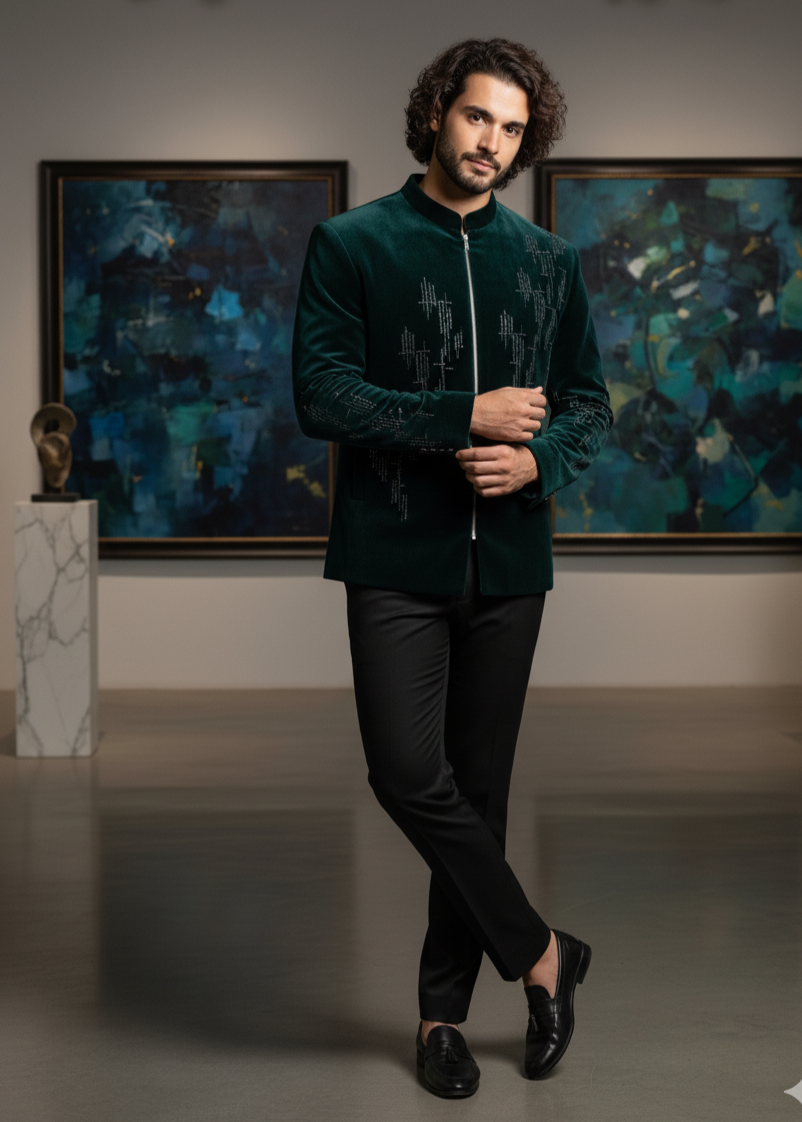 Green Velvet Geometrical Embroidered  Indo Western Suit