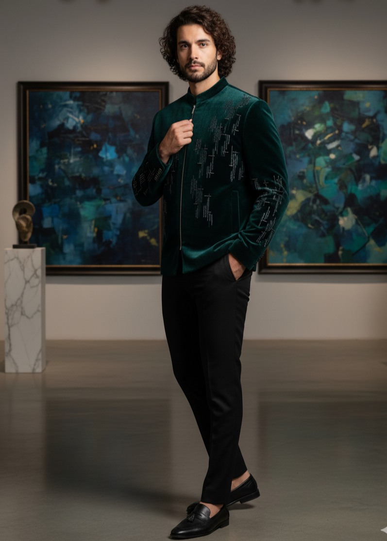 Green Velvet Geometrical Embroidered  Indo Western Suit