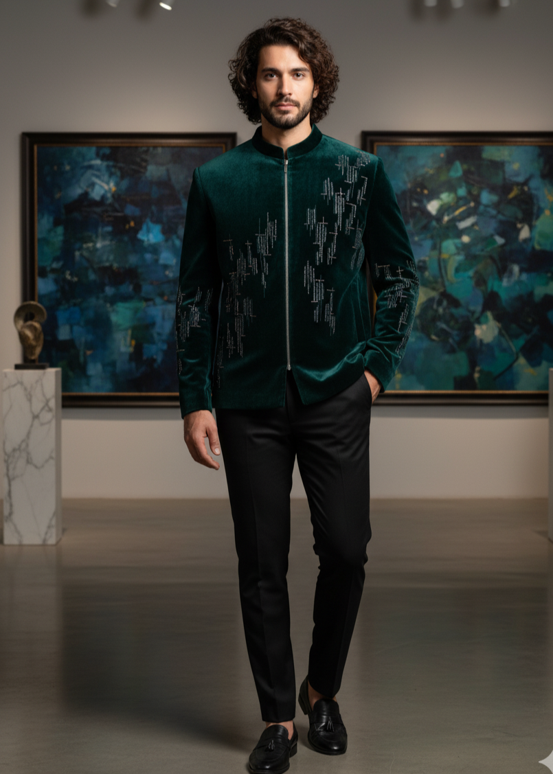 Green Velvet Geometrical Embroidered  Indo Western Suit
