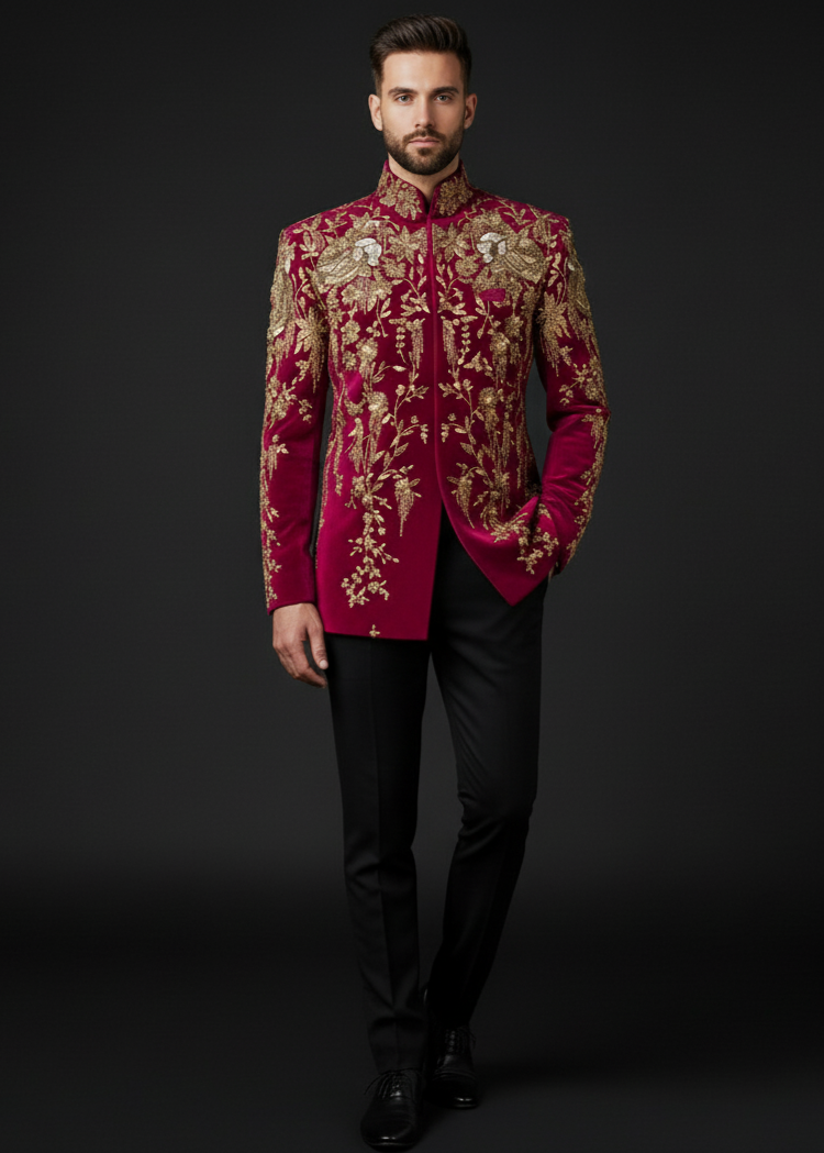 Hand Embroidered Magenta Pink Luxury Bandhgala Suit in Velvet