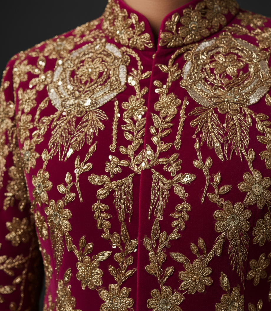 Hand Embroidered Magenta Pink Luxury Bandhgala Suit in Velvet