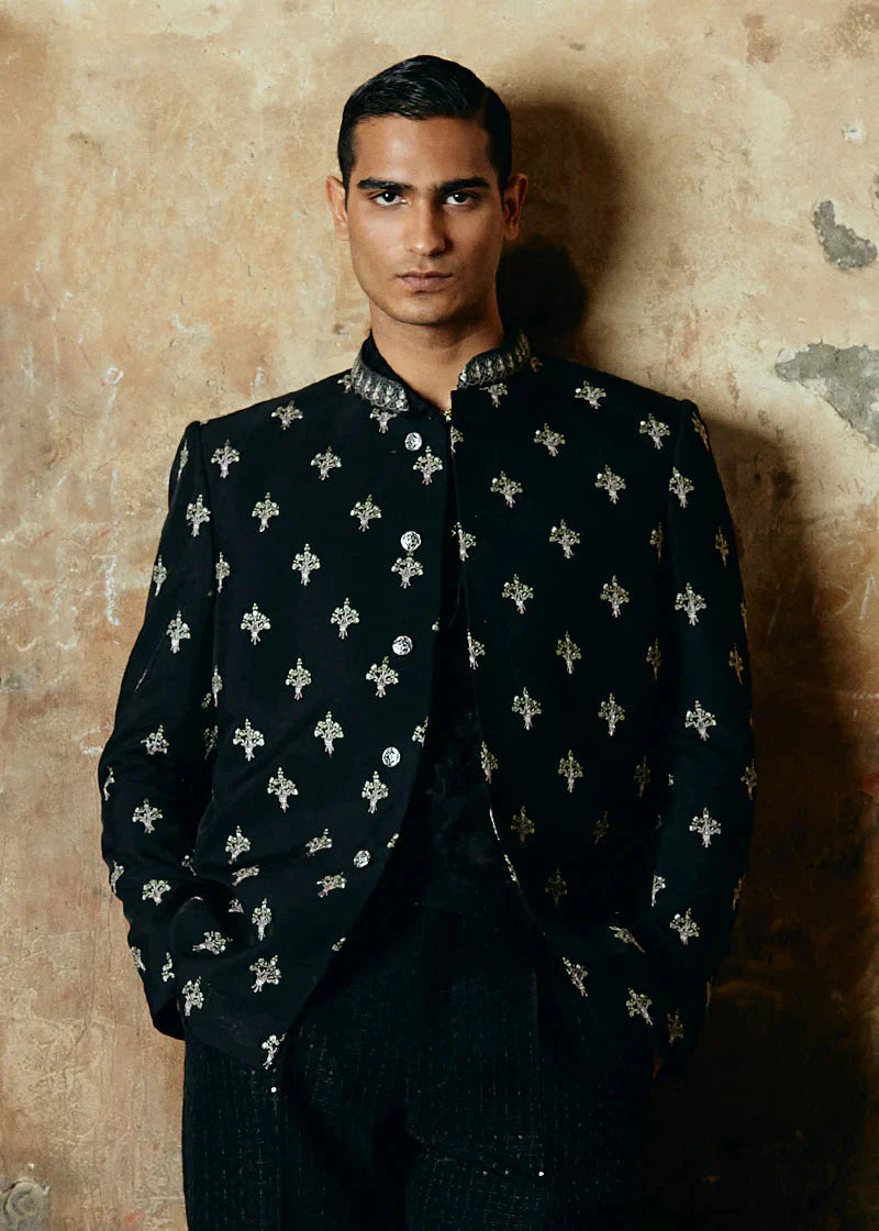 Black Bandhgala Floral Embroidered Jacket