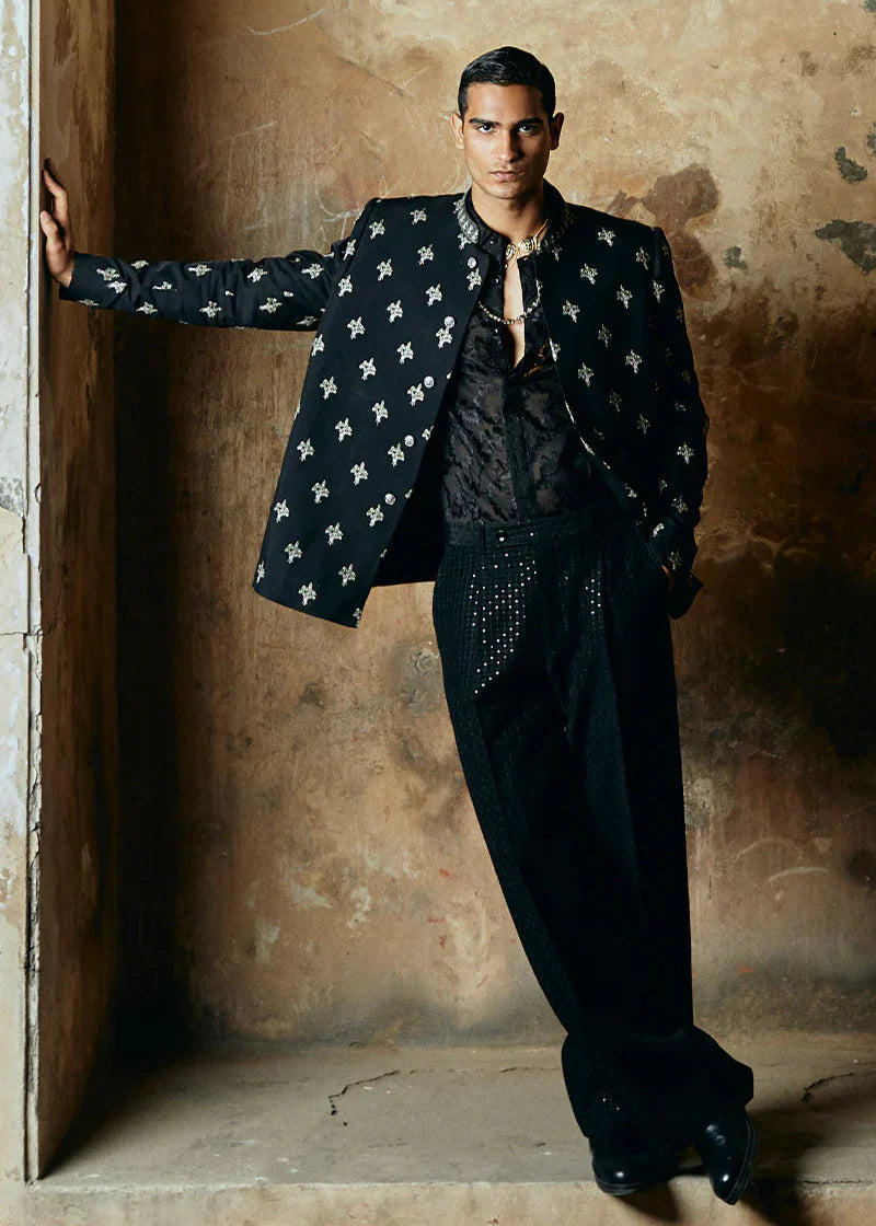 Black Bandhgala Floral Embroidered Jacket
