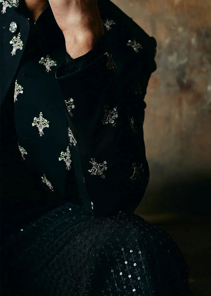 Black Bandhgala Floral Embroidered Jacket