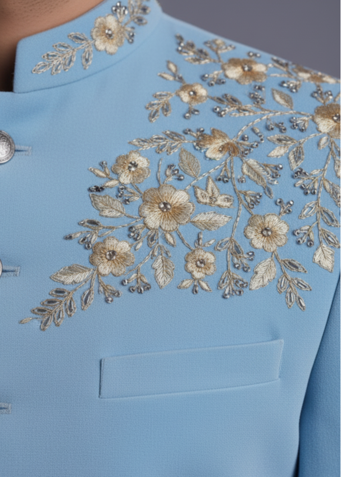 Light Blue Floral Hand Embroidered Bandhgala Suit