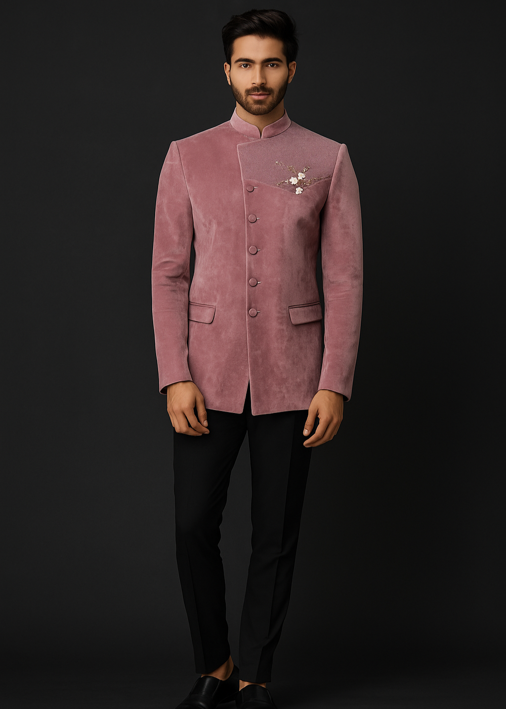 Mid Pink Velvet Embroidered Bandhgala