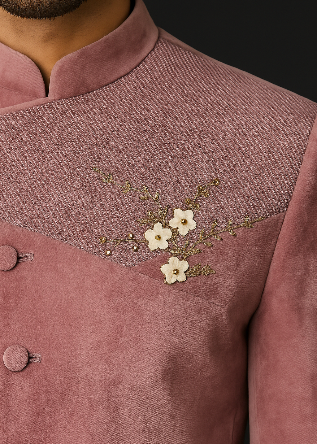 Close-up of a pink textured garment with floral embroidery on a dark background