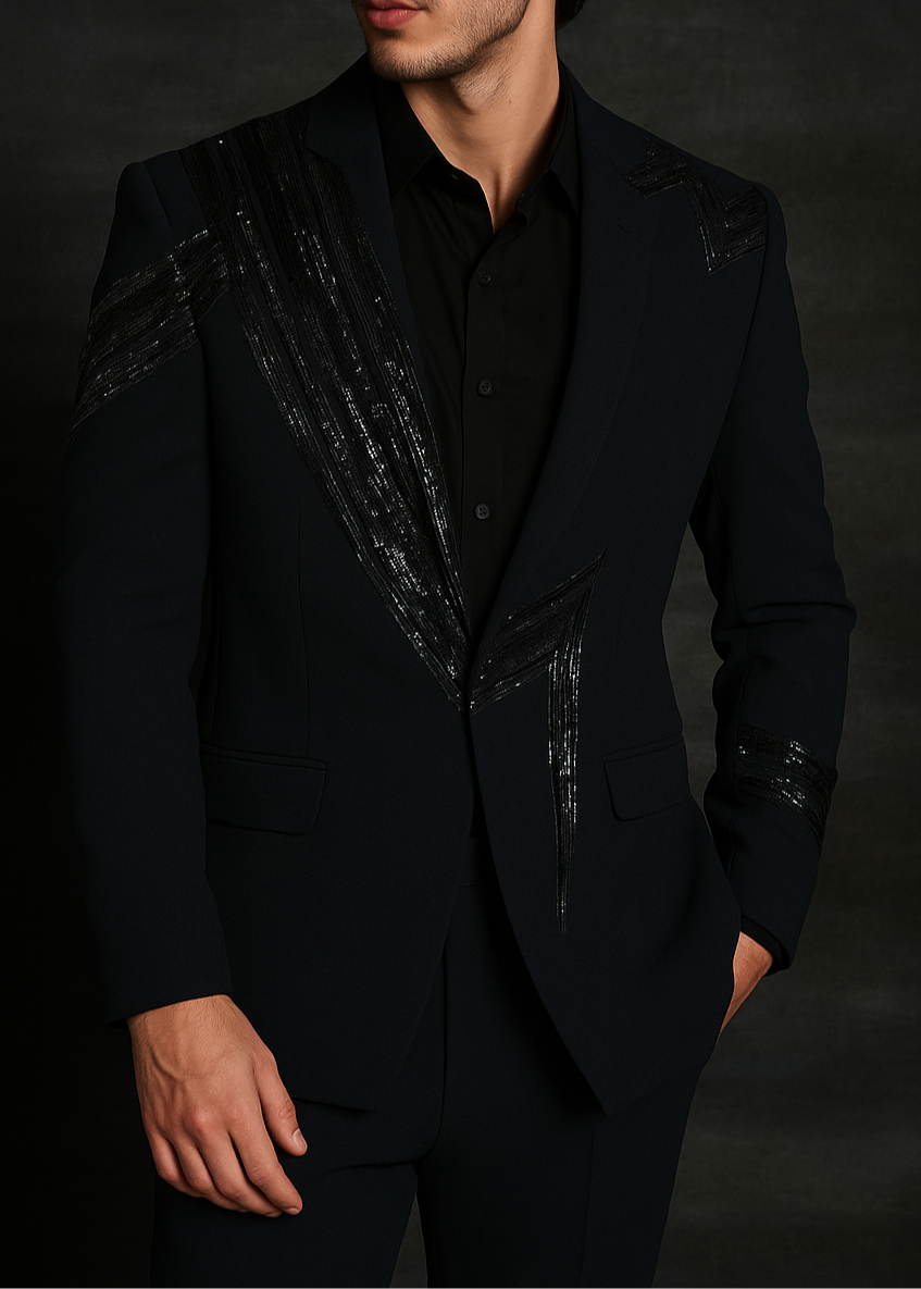 Hand Zari Embroidered Midnight Blue Abstract Tuxedo Blazer Suit
