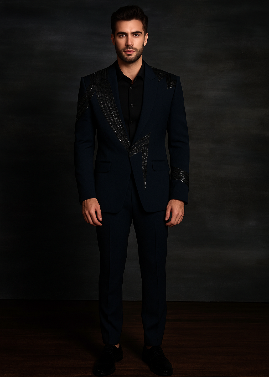 Hand Zari Embroidered Midnight Blue Abstract Tuxedo Blazer Suit