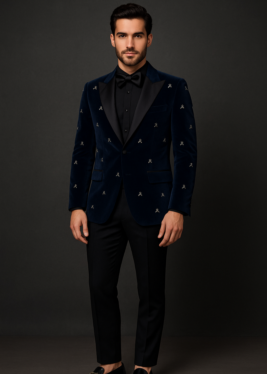 Man wearing a dark blue velvet blazer with geometric patterns, black bow tie, and pants on a gray background