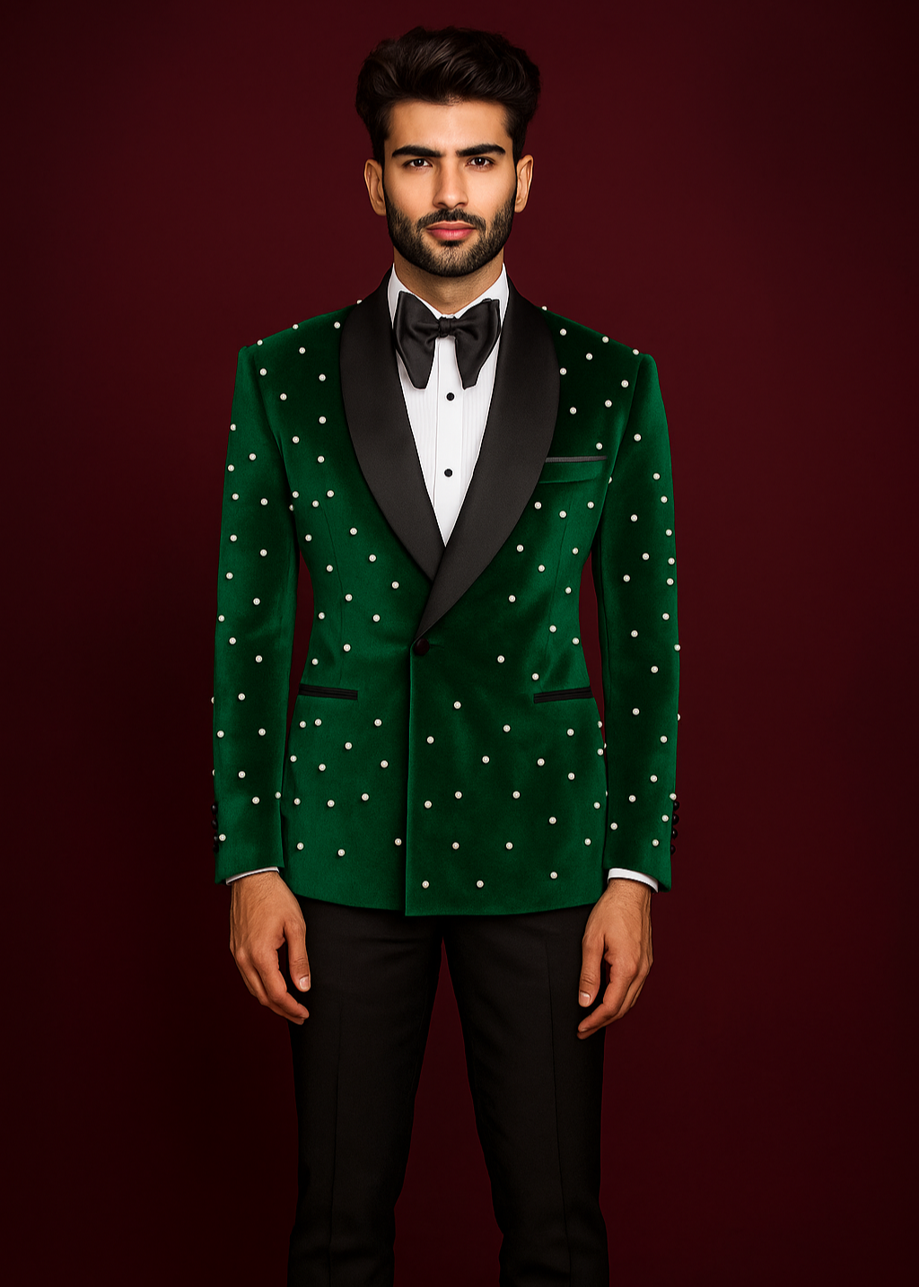 Polka Dots Green Velvet Double Breasted Tuxedo