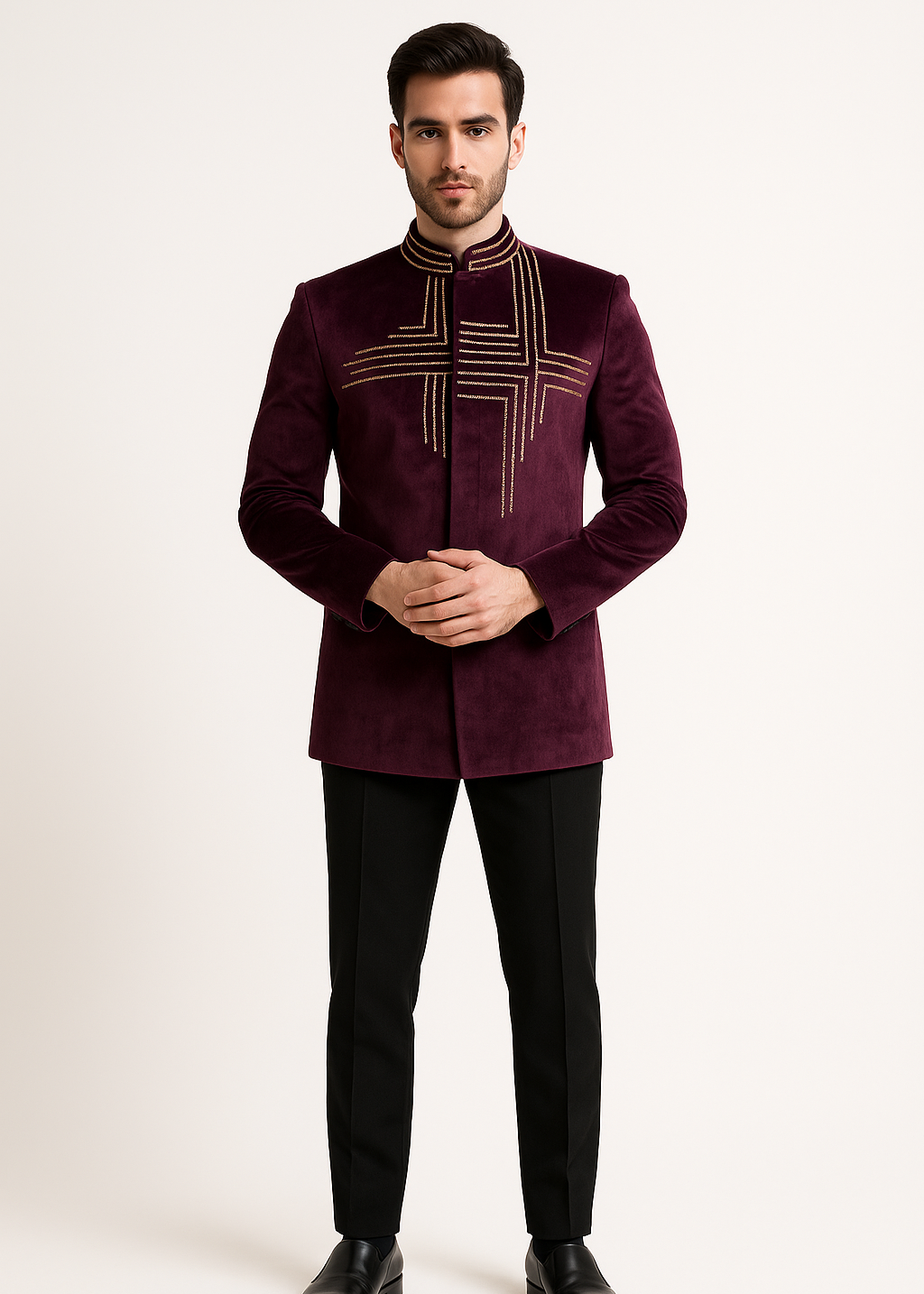 Purple Velvet Embroidered Jodhpuri Suit