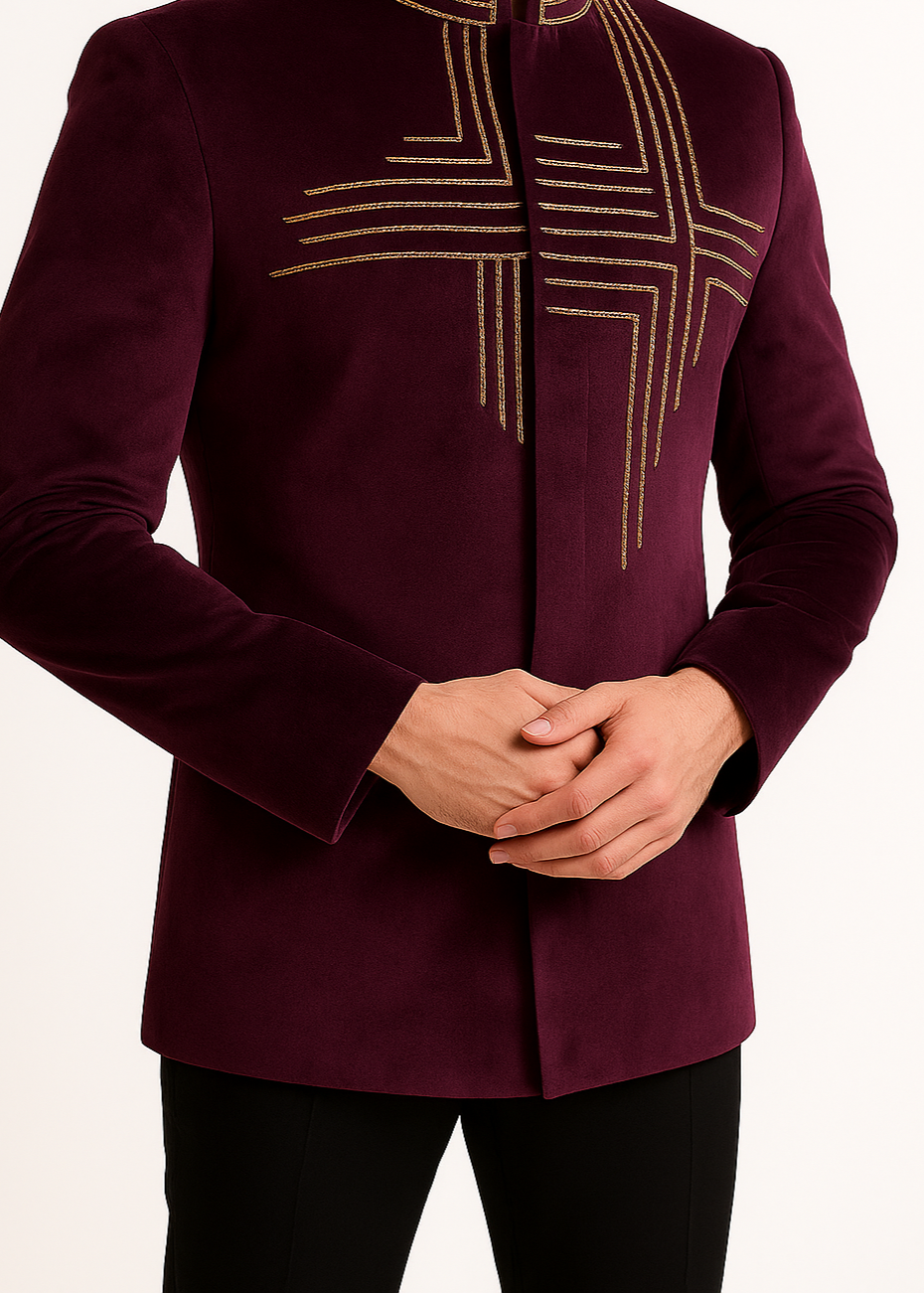 Purple Velvet Embroidered Jodhpuri Suit