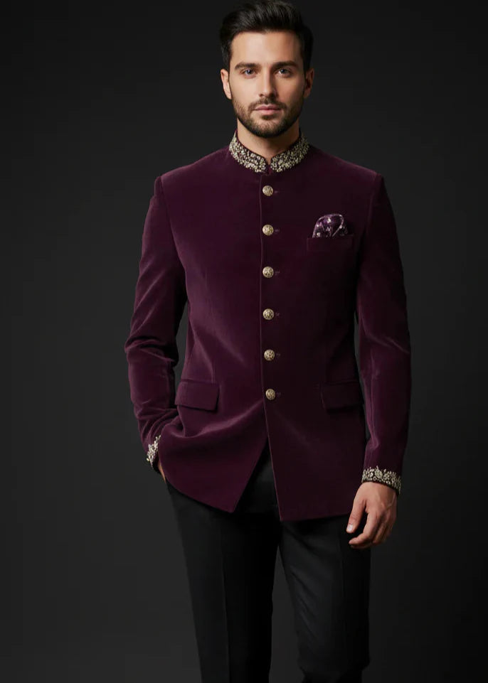 Purple Velvet Jodhpuri Suit  with Gold Embroidery