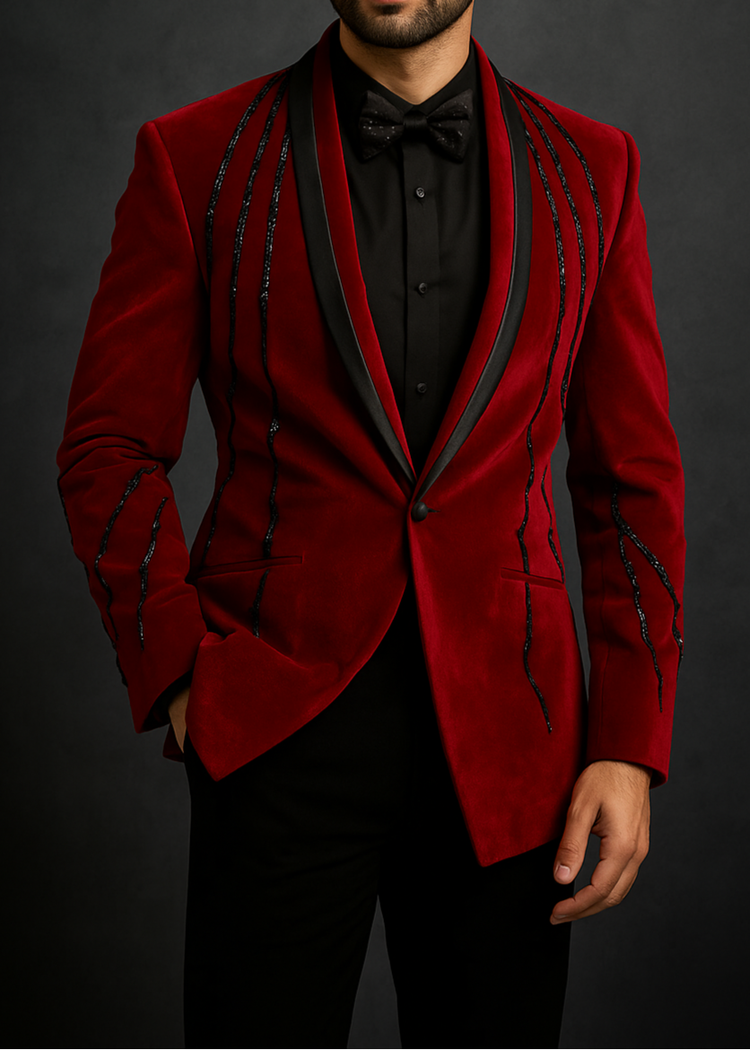 Red Velvet Tuxedo With Cutdana Embroidery