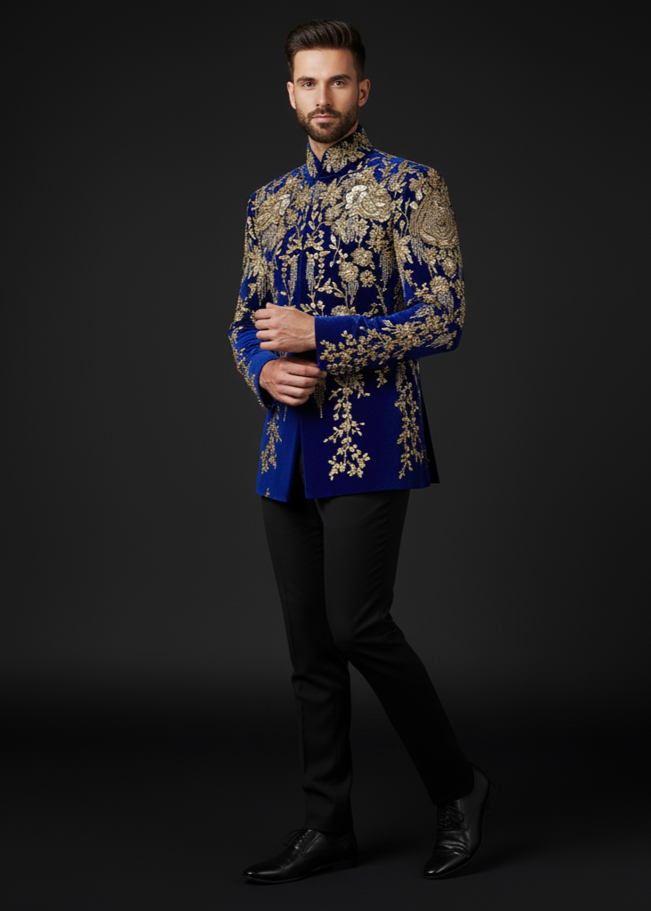 Hand Embroidered Royal Blue Luxury Bandhgala Suit in Velvet