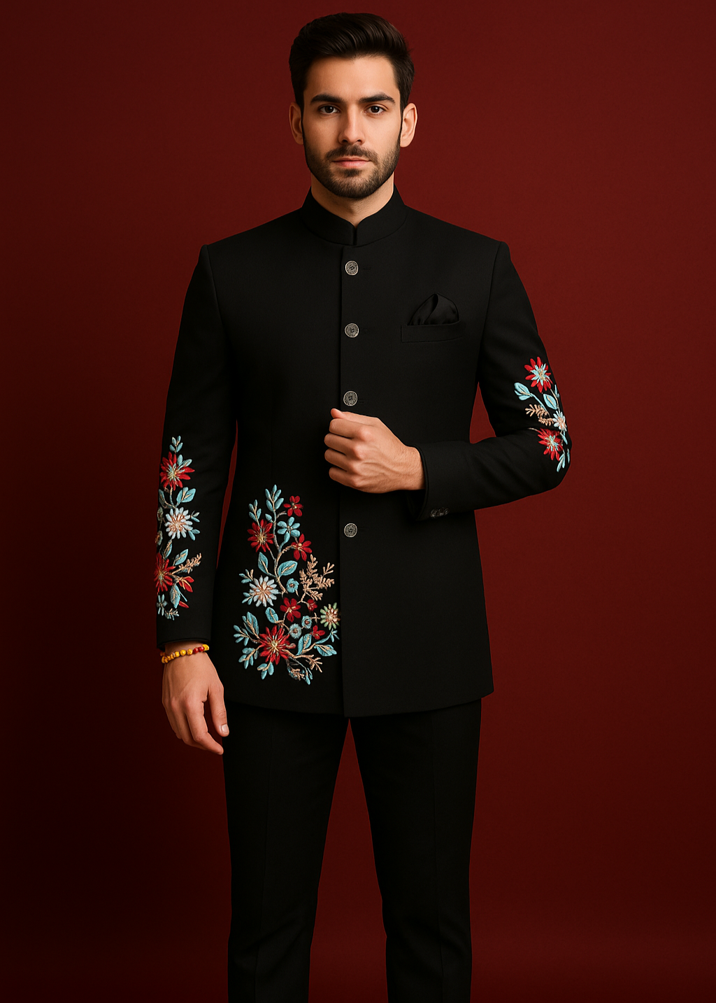 Slim Black Floral Embroidered Jodhpuri Suit