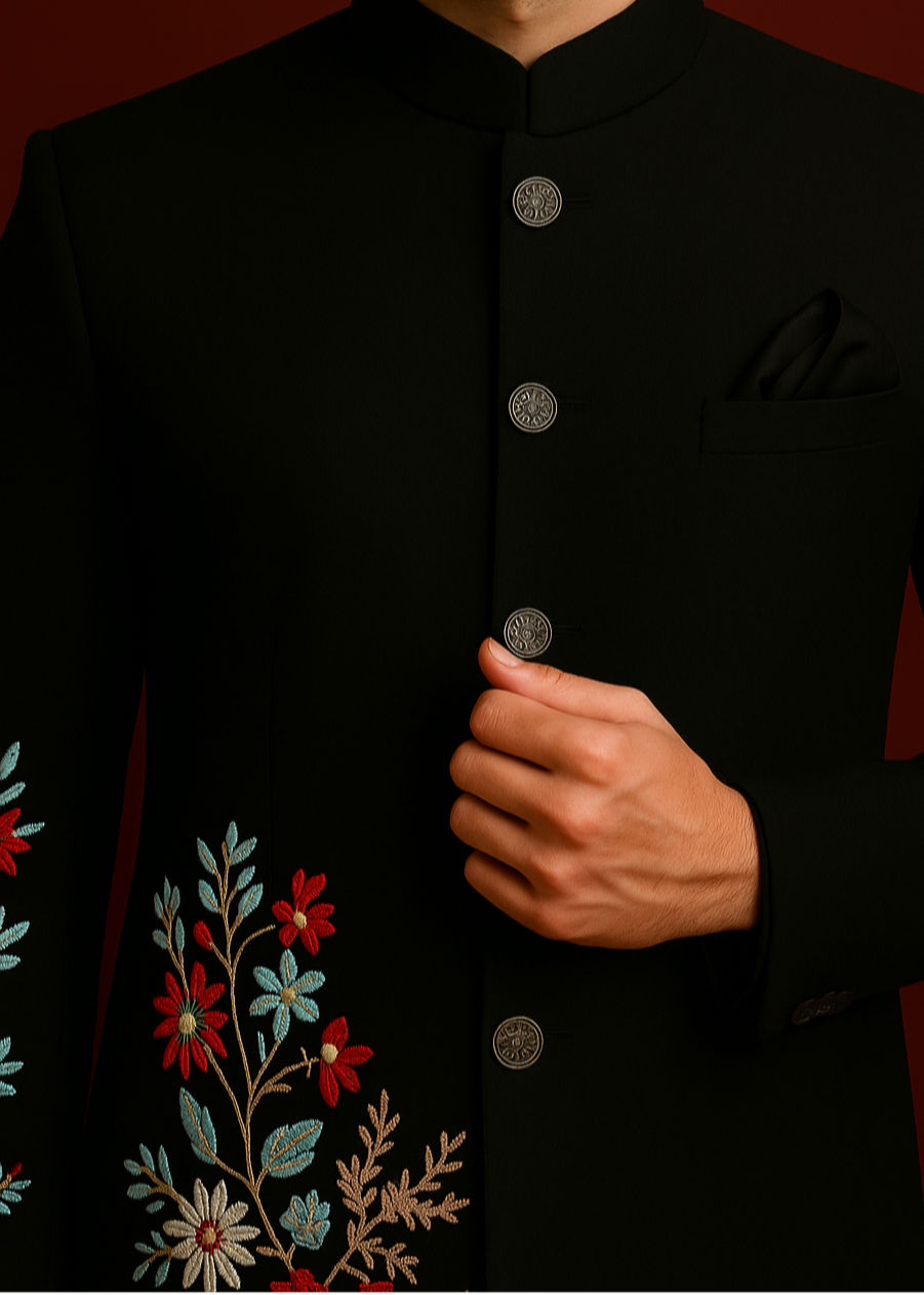 Slim Black Floral Embroidered Jodhpuri Suit