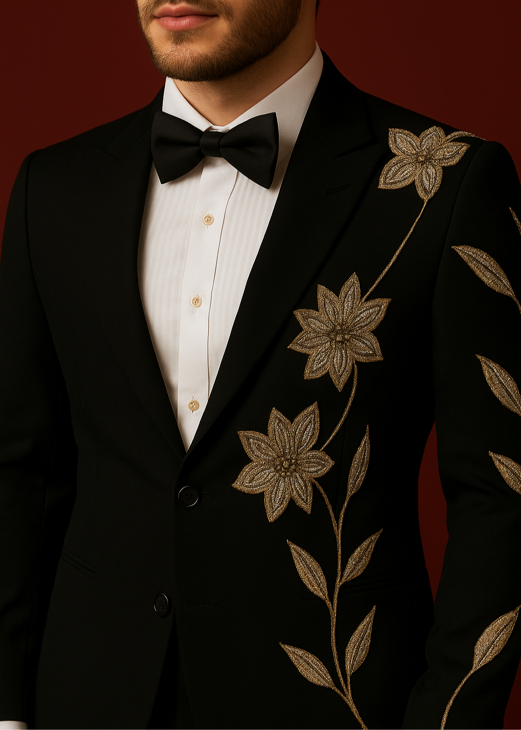 Slim Black Notch Lapel Zari Embroidered Tuxedo