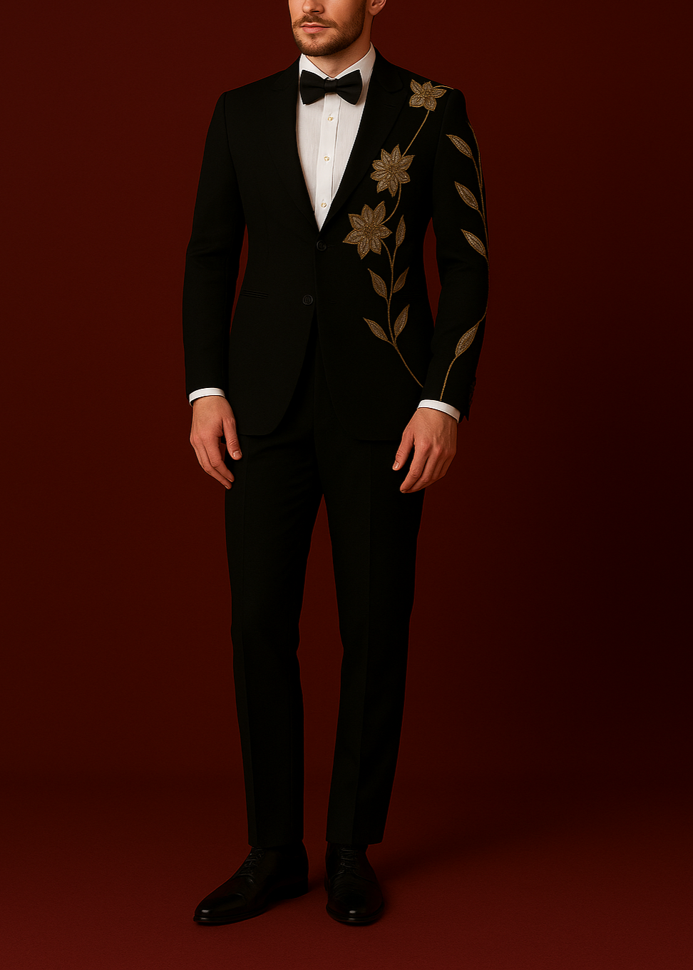 Slim Black Notch Lapel Zari Embroidered Tuxedo