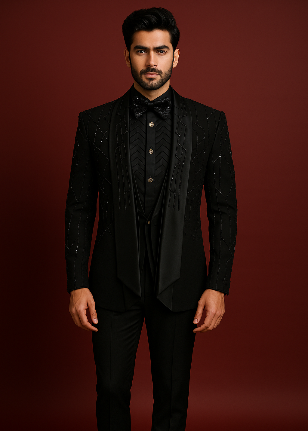 Slim Black Shawl Lapel Tuxedo with Abstract Design Cutdana Embroidery for Wedding