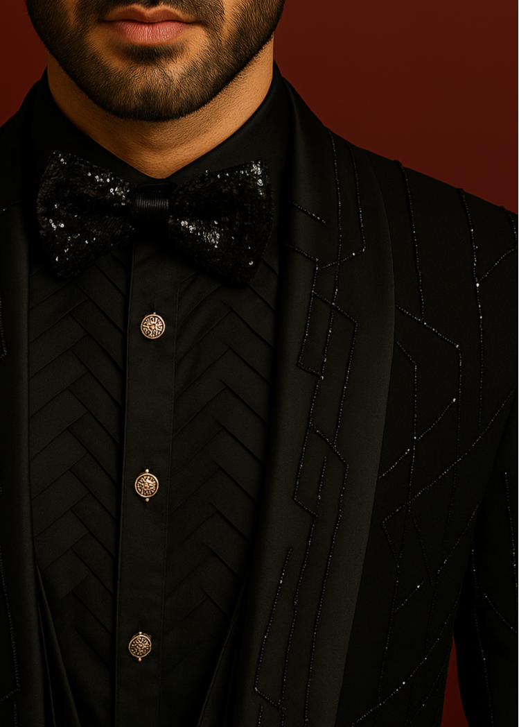 Slim Black Shawl Lapel Tuxedo with Abstract Design Cutdana Embroidery for Wedding