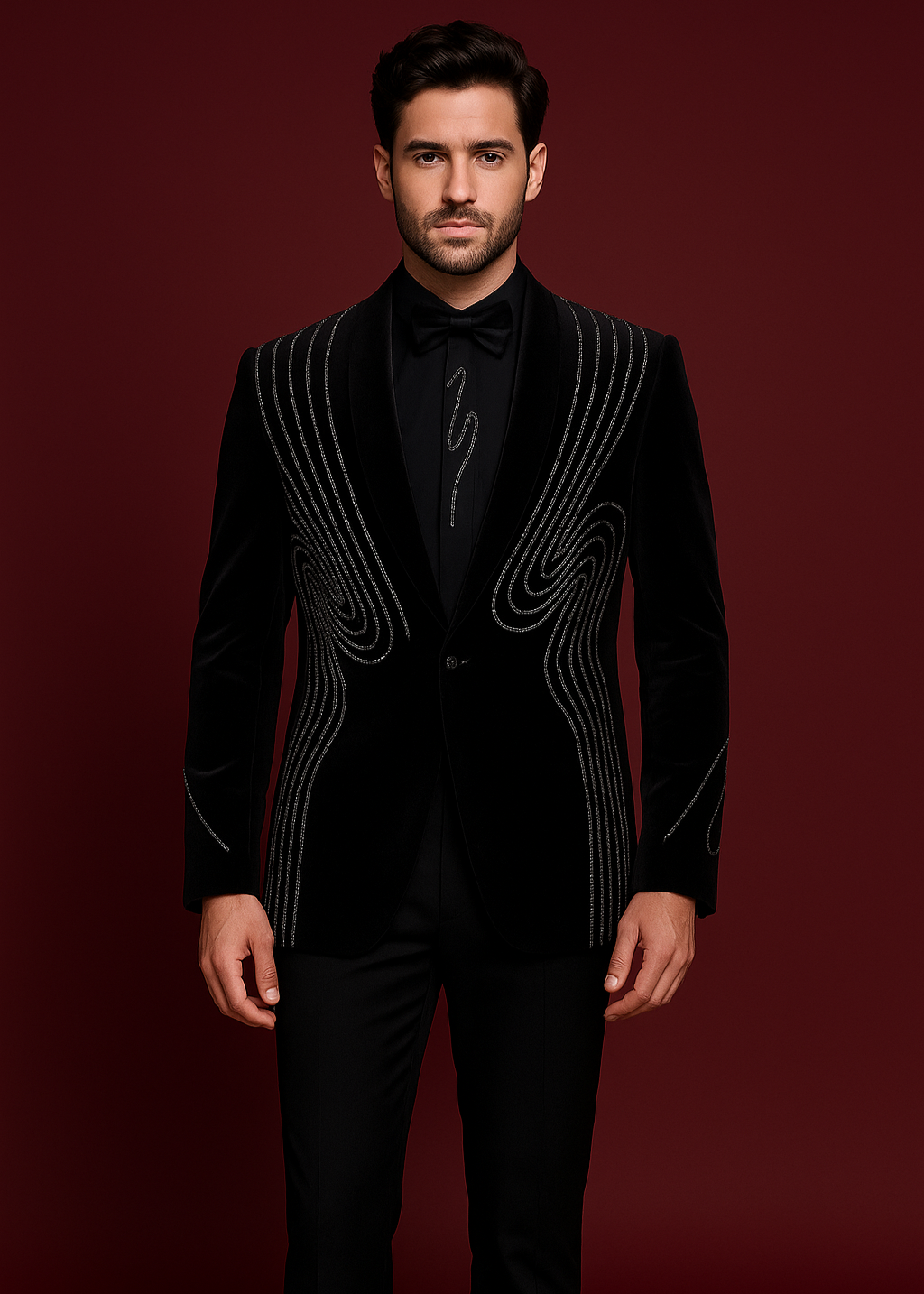 Slim Fit Black Geometric Embroidered Tuxedo
