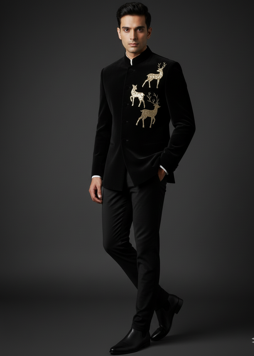 Slim Fit Black Velvet Deer Embroidered Bandhgala Suit