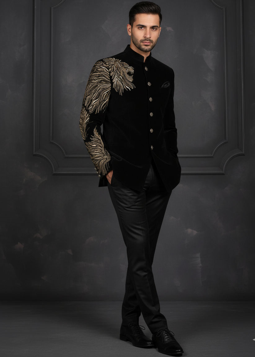 Slim Fit Black Velvet Lion Embroidered Bandhgala Suit