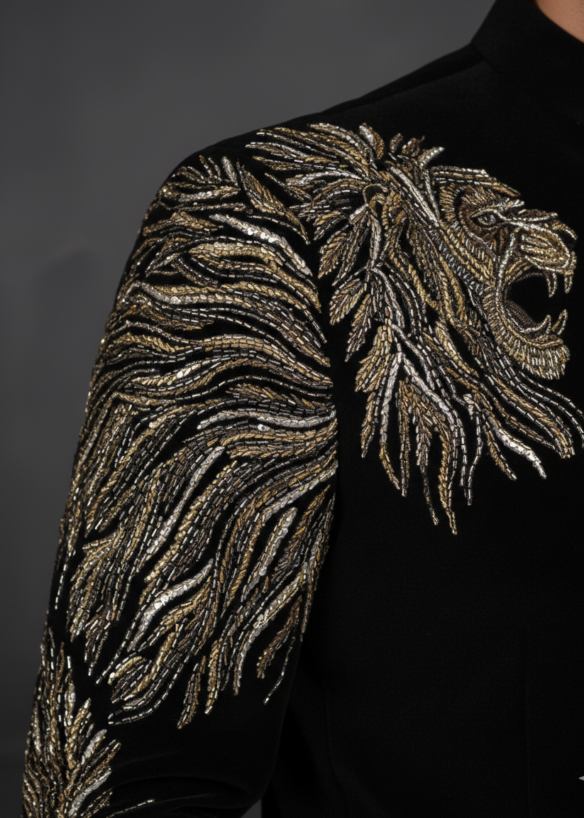 Slim Fit Black Velvet Lion Embroidered Bandhgala Suit