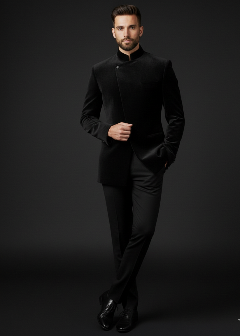 Slim Fit Solid Black Velvet Bandhgala