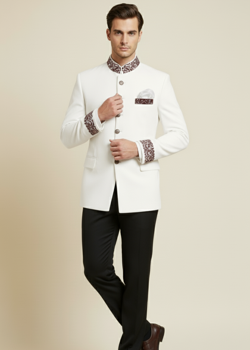 Slim White Jodhpuri Suit with Maroon Embroidery