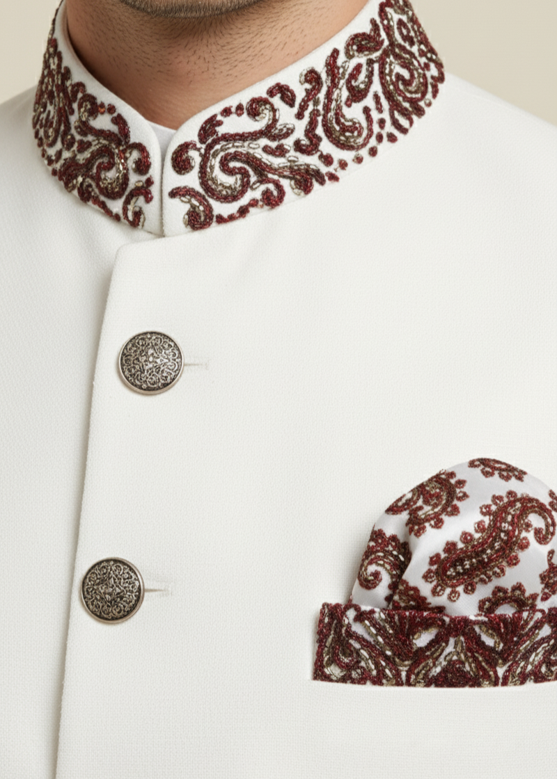 Slim White Jodhpuri Suit with Maroon Embroidery