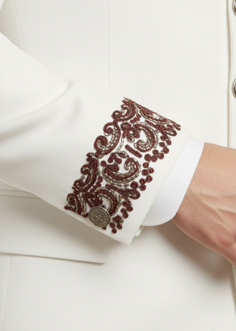 Slim White Jodhpuri Suit with Maroon Embroidery