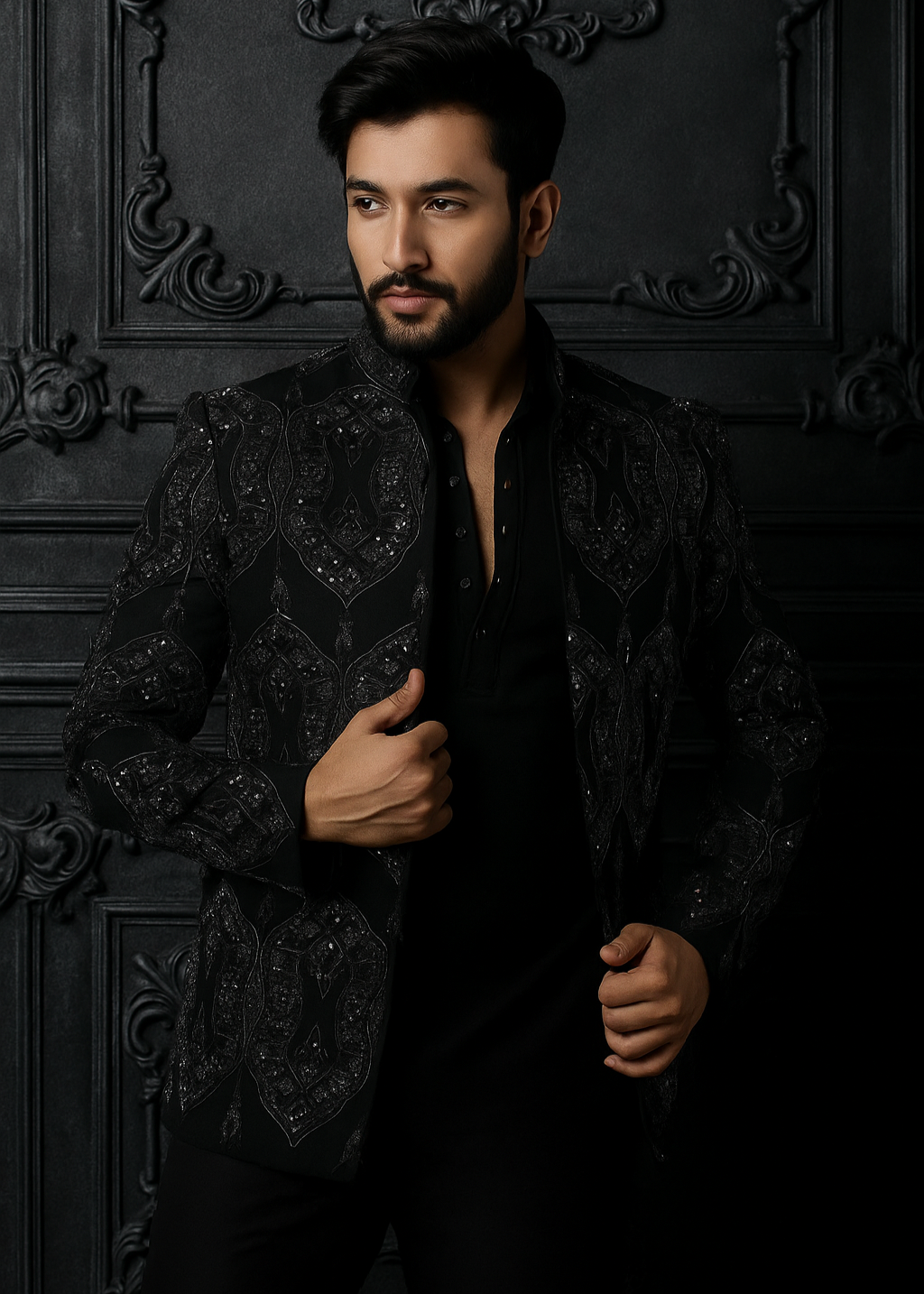 Traditional Black Hand Embroidered Bandhgala Jacket