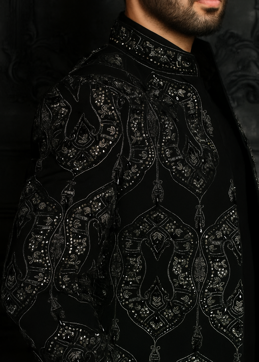 Traditional Black Hand Embroidered Bandhgala Jacket