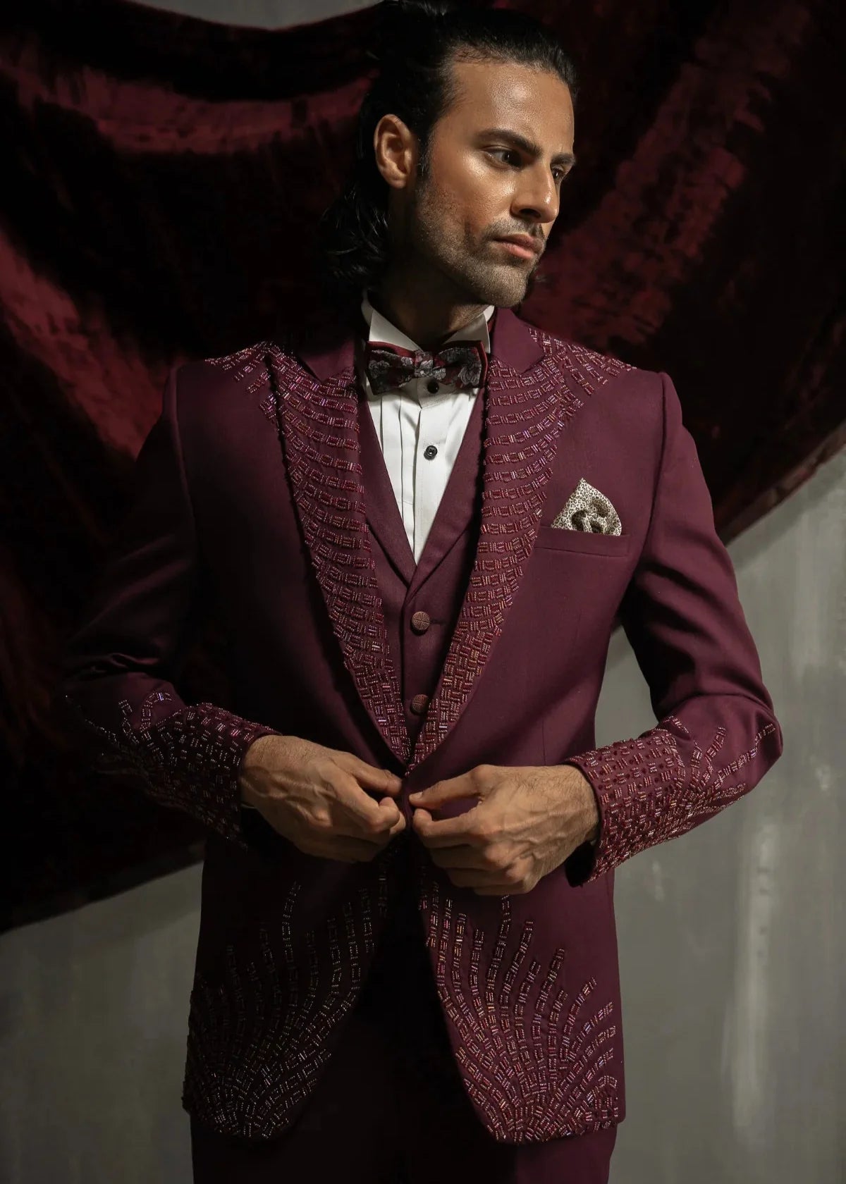 Burgundy Cutdana Hand Embroidered Suit for Wedding