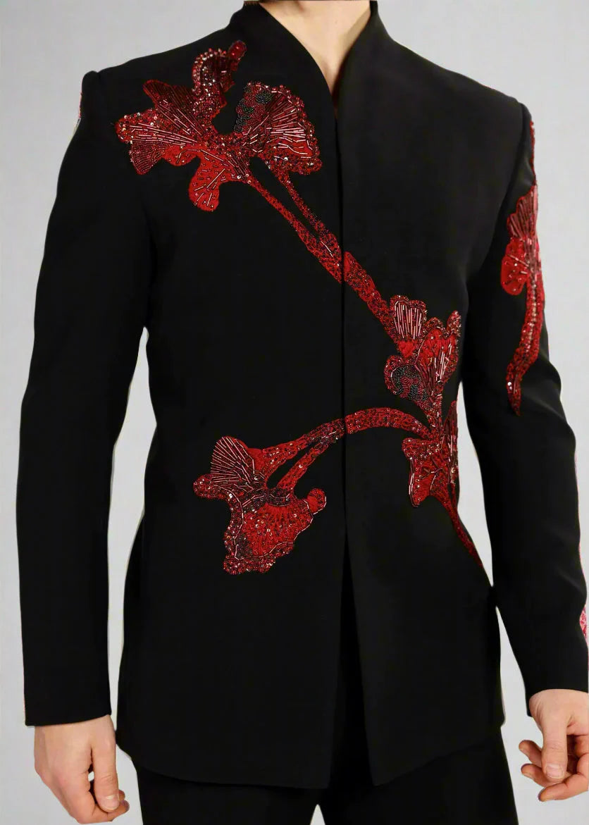 Black and Red Embroidered Bandhgala